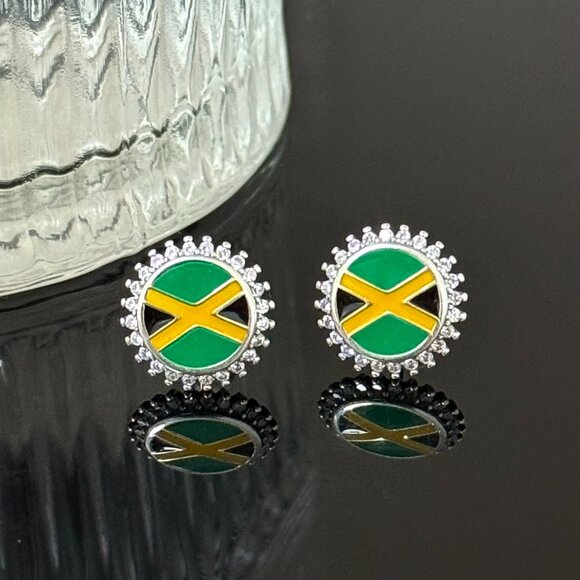 Jewelry - Jamaica Flag Bling Earrings S925 Sterling Silver Stud Earrings Handmade Ear stud